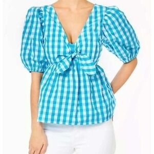 NEW Lilly Pulitzer Serafina Short Sleeve Crinkle Gingham Bow Tie Top Size 0